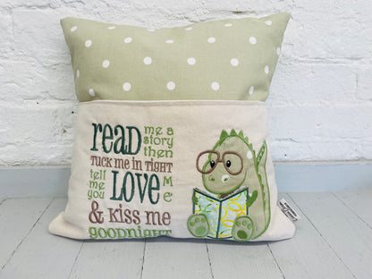 Green Dino Children's Reading Book Cushion-Green Dotty English or Welsh.