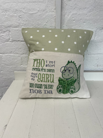 Welsh Green Dino Children's Reading Book Cushion.