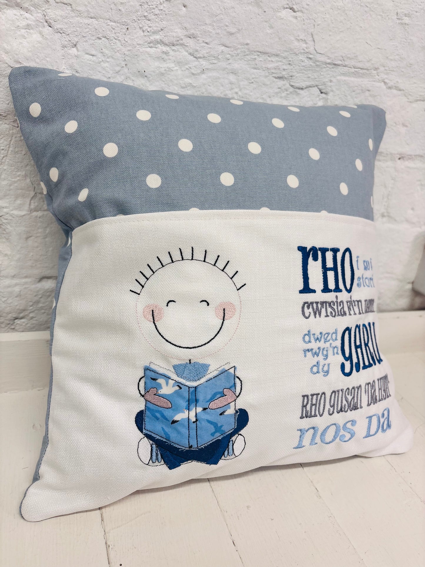 Little Boy Children's Reading Book Cushion in Welsh and English