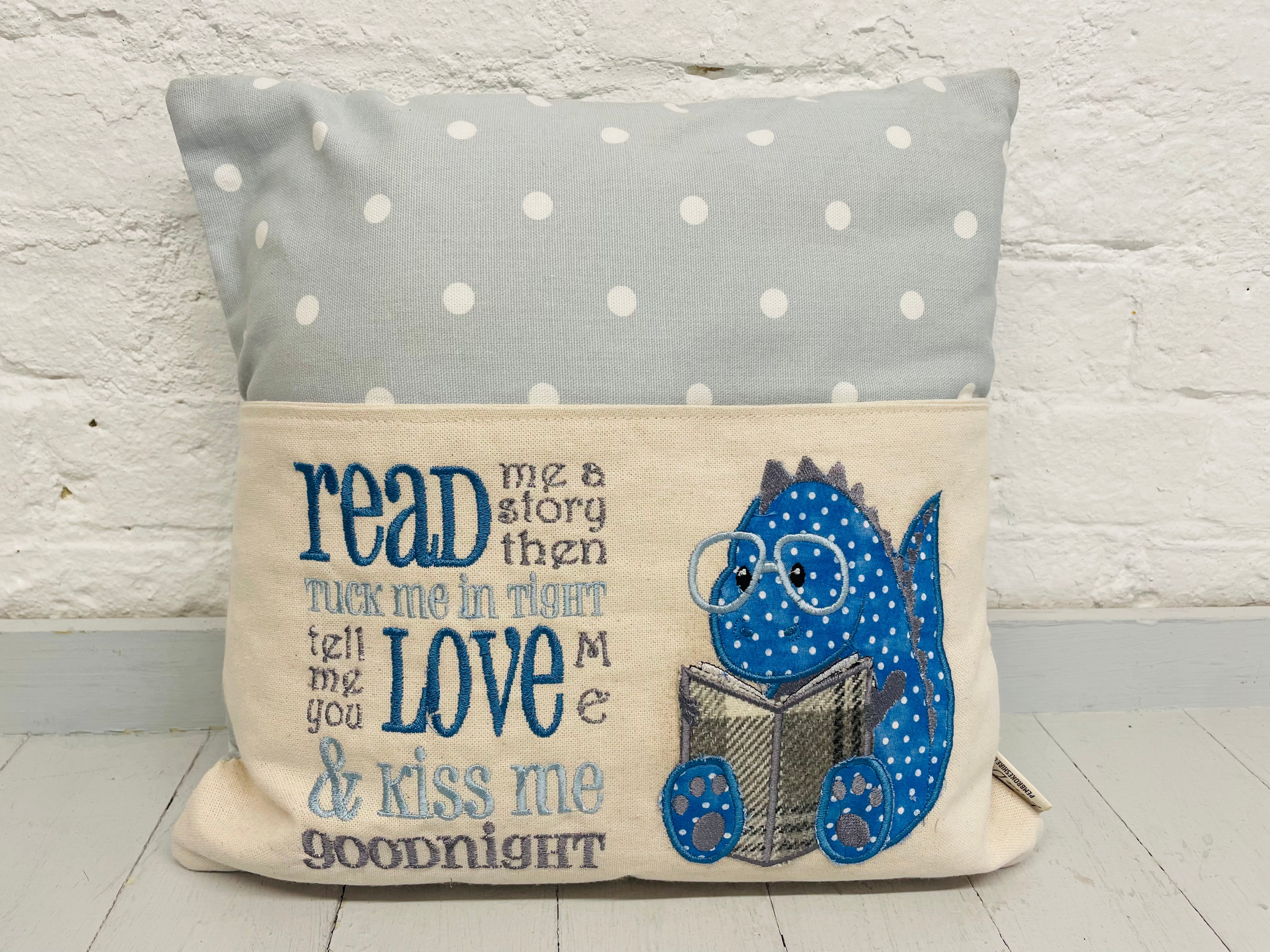 Blue Dino Children s Reading Book Cushion. Lizzie Dixon Designs