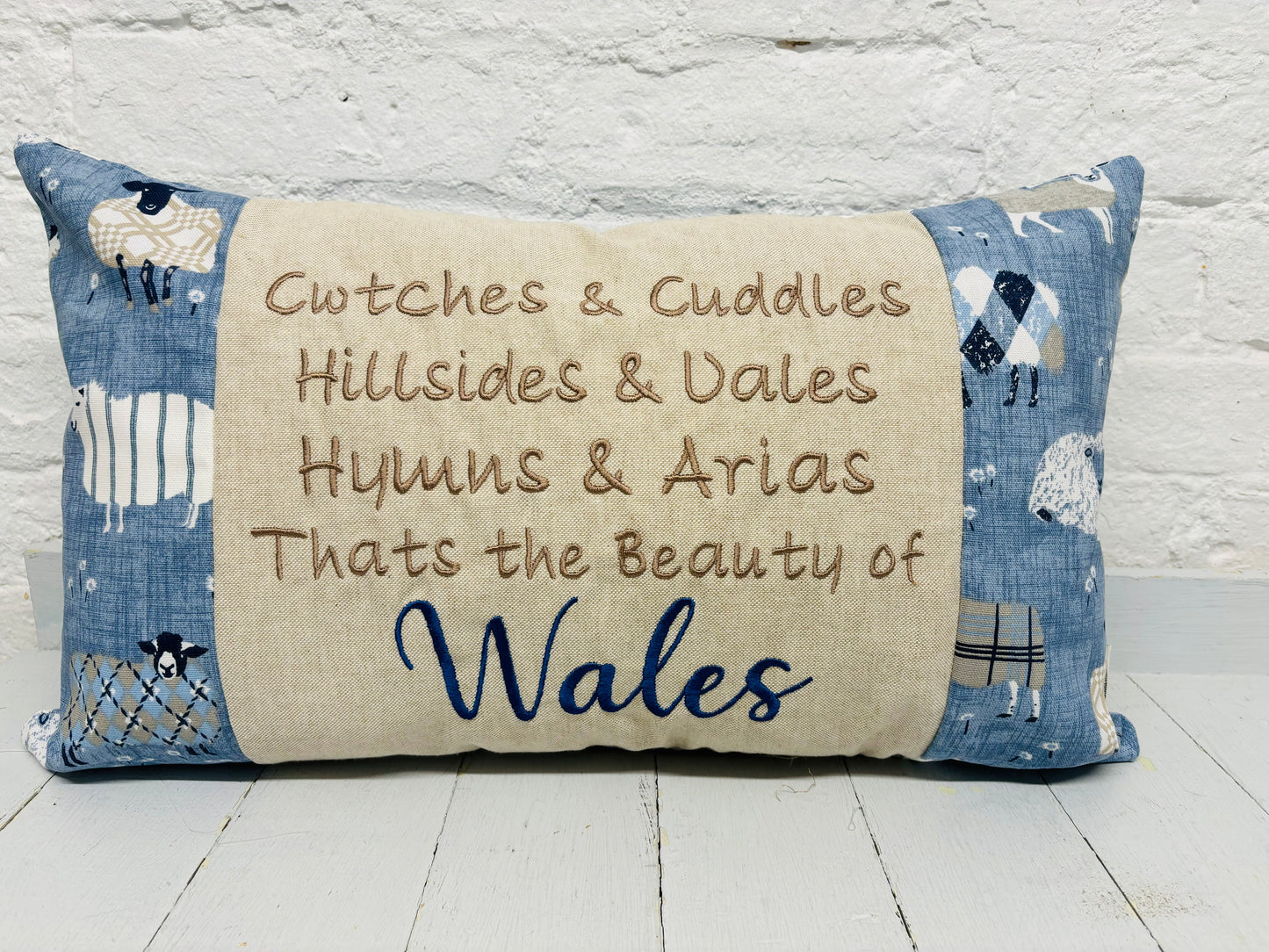 Sheep Design-Cwtches & Cuddles Welsh quote long cushion