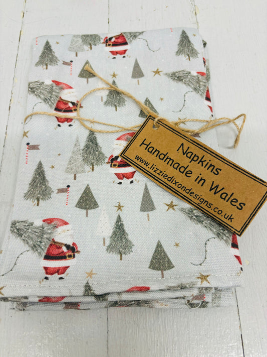 Christmas Napkins - Festive table- Father Christmas and Christmas Trees, Handmade festive Napkins - Fabric Napkins