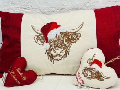 Festive Highland cow wearing Santa hat Hanging Heart