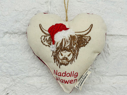 Festive Highland cow wearing Santa hat Hanging Heart