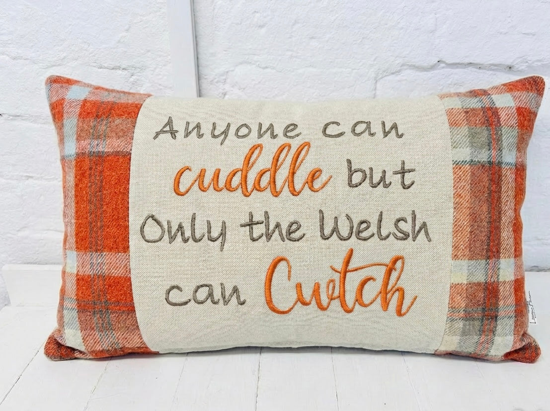 Anyone can cuddle but only the Welsh can Cwtch-Wool touch fabric Panel square Cushion