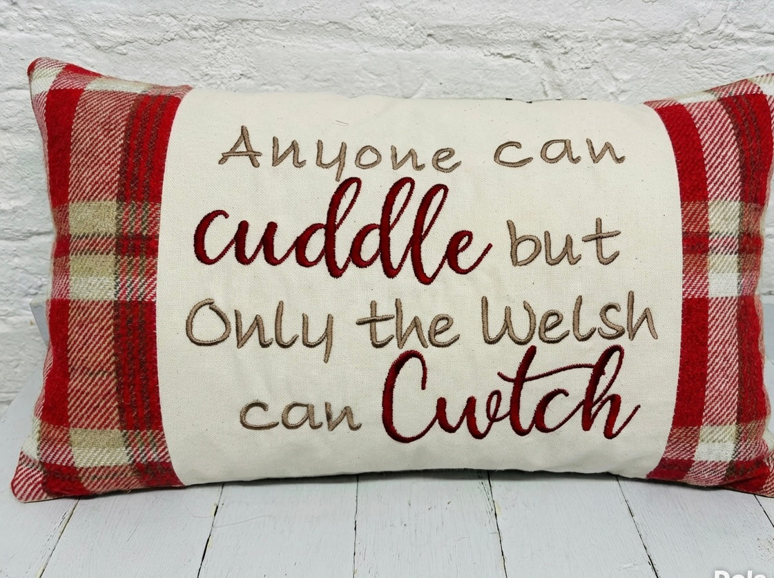 Anyone can cuddle but only the Welsh can Cwtch-Wool touch fabric Panel square Cushion
