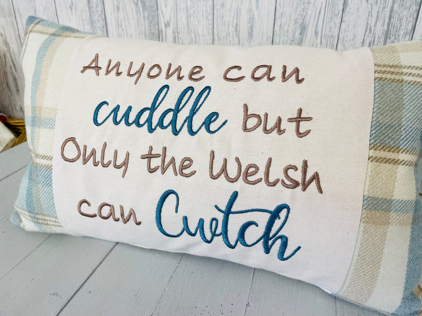 Anyone can cuddle but only the Welsh can Cwtch-Wool touch fabric Panel square Cushion