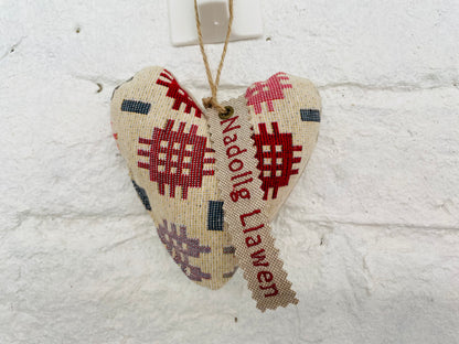 Nadolig Llawen Mini Christmas Heart .- Welsh Blanket style  Heart Nadolig Llawen  Red Tag