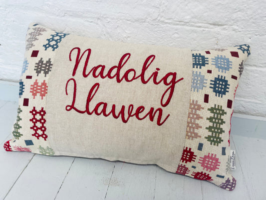 Nadolig Llawen Welsh Blanket style  Cushion- long Nadolig  Llawen Panel Cushion