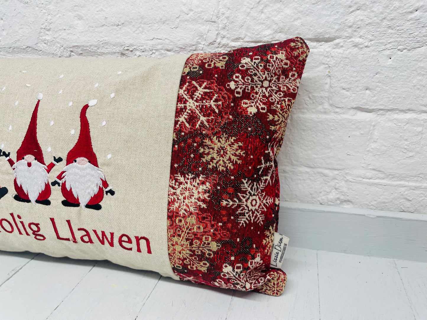 Festive Gnomes Long Nadolig Llawen-Merry Christmas. Snow Flake Fabric