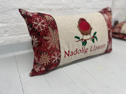 Festive Robin Long Nadolig Llawen-Merry Christmas. Snow Flake Fabric