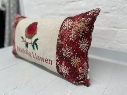 Festive Robin Long Nadolig Llawen-Merry Christmas. Snow Flake Fabric