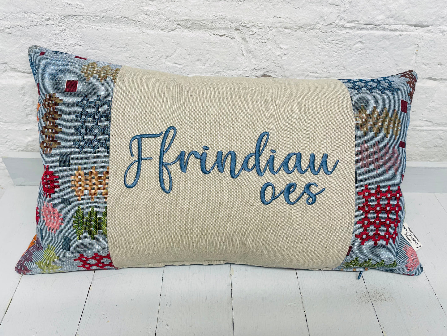 Welsh Blanket style Cushion-light Blue   Welsh quote long  Cushion