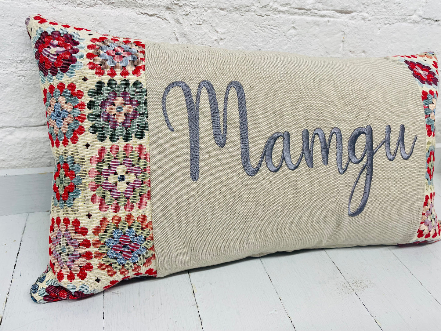 Mamgu long panel cushion- Crochet  style fabric