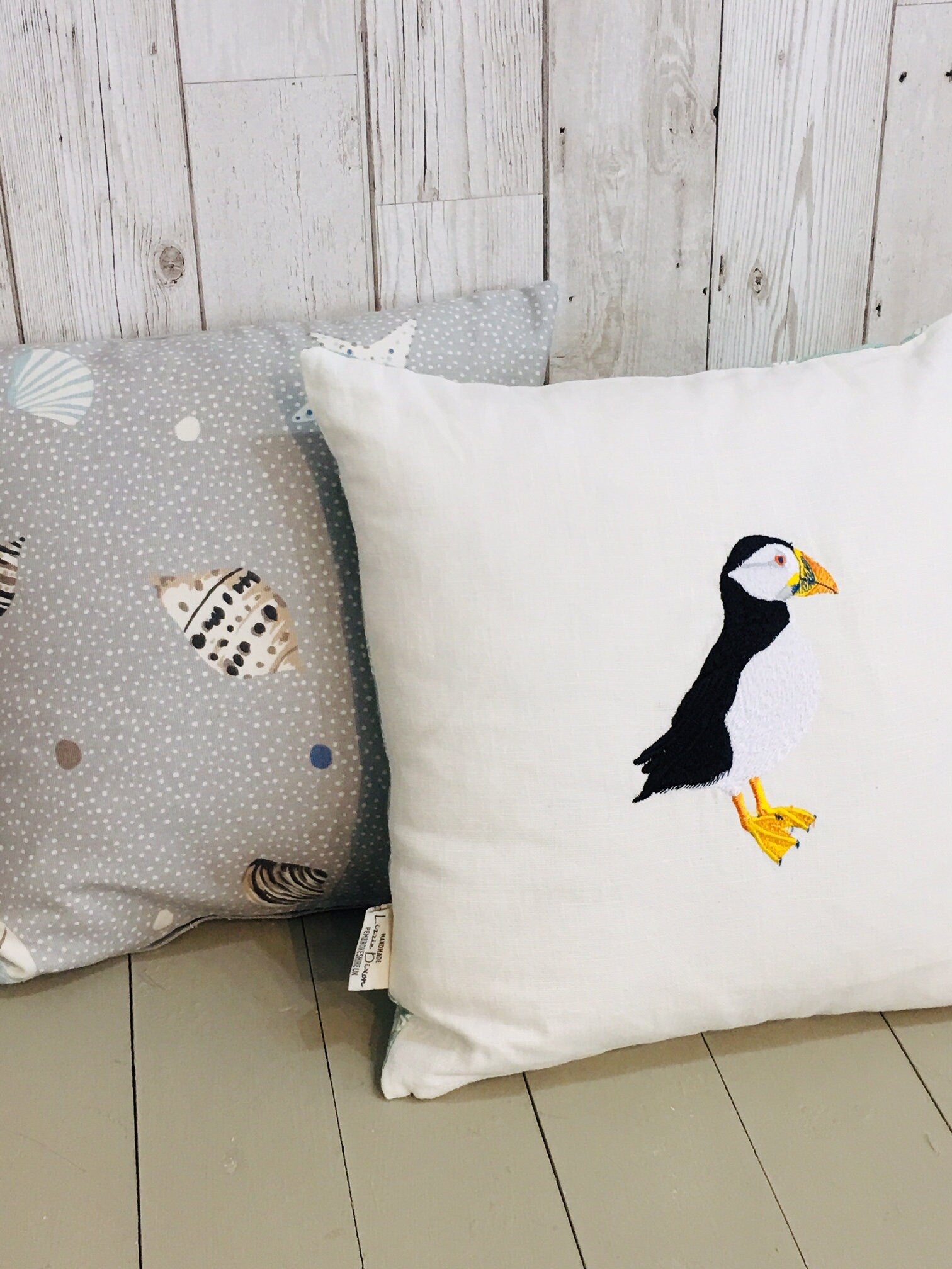 Puffin cushion -16" White Linen and Nautical cushion - embroidered puffin pillow - puffin gift - Pembrokeshire puffin pillow - bird cushion