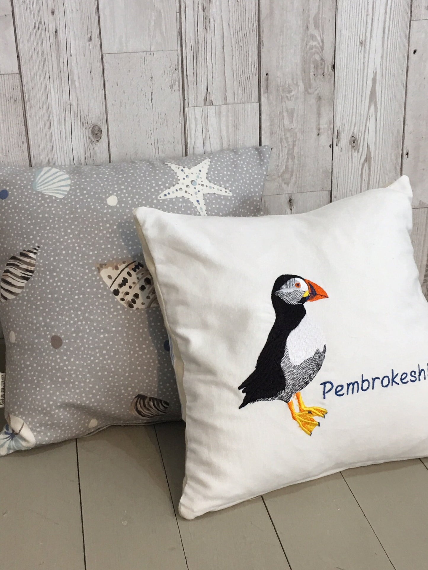 Puffin cushion -16" White Linen and Nautical cushion - embroidered puffin pillow - puffin gift - Pembrokeshire puffin pillow - bird cushion