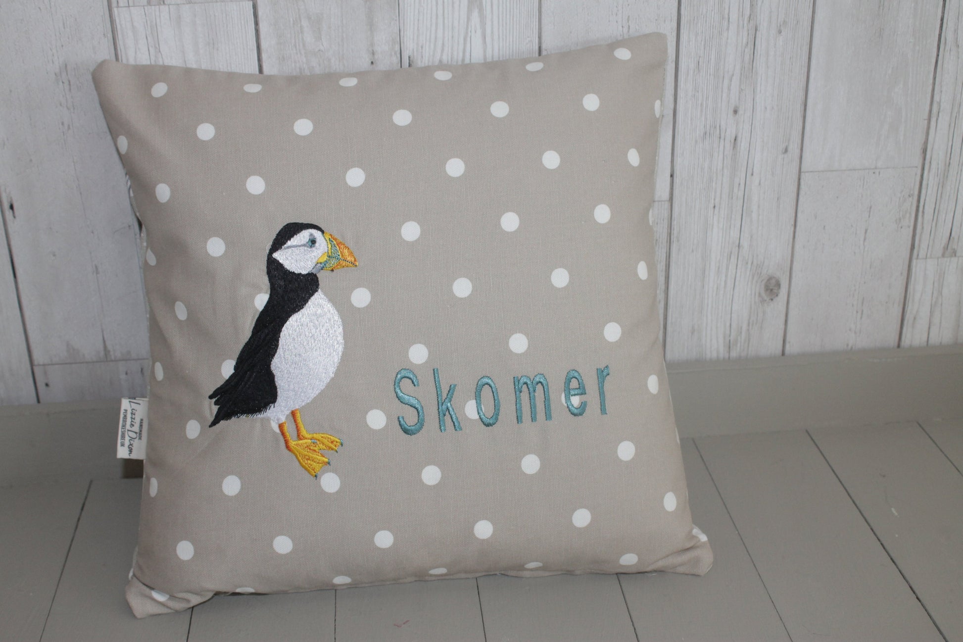 Puffin cushion - 14" Taupe Dotty and seashell - embroidered puffin pillow - puffin gift -Personalised Puffin pillow - bird cushion