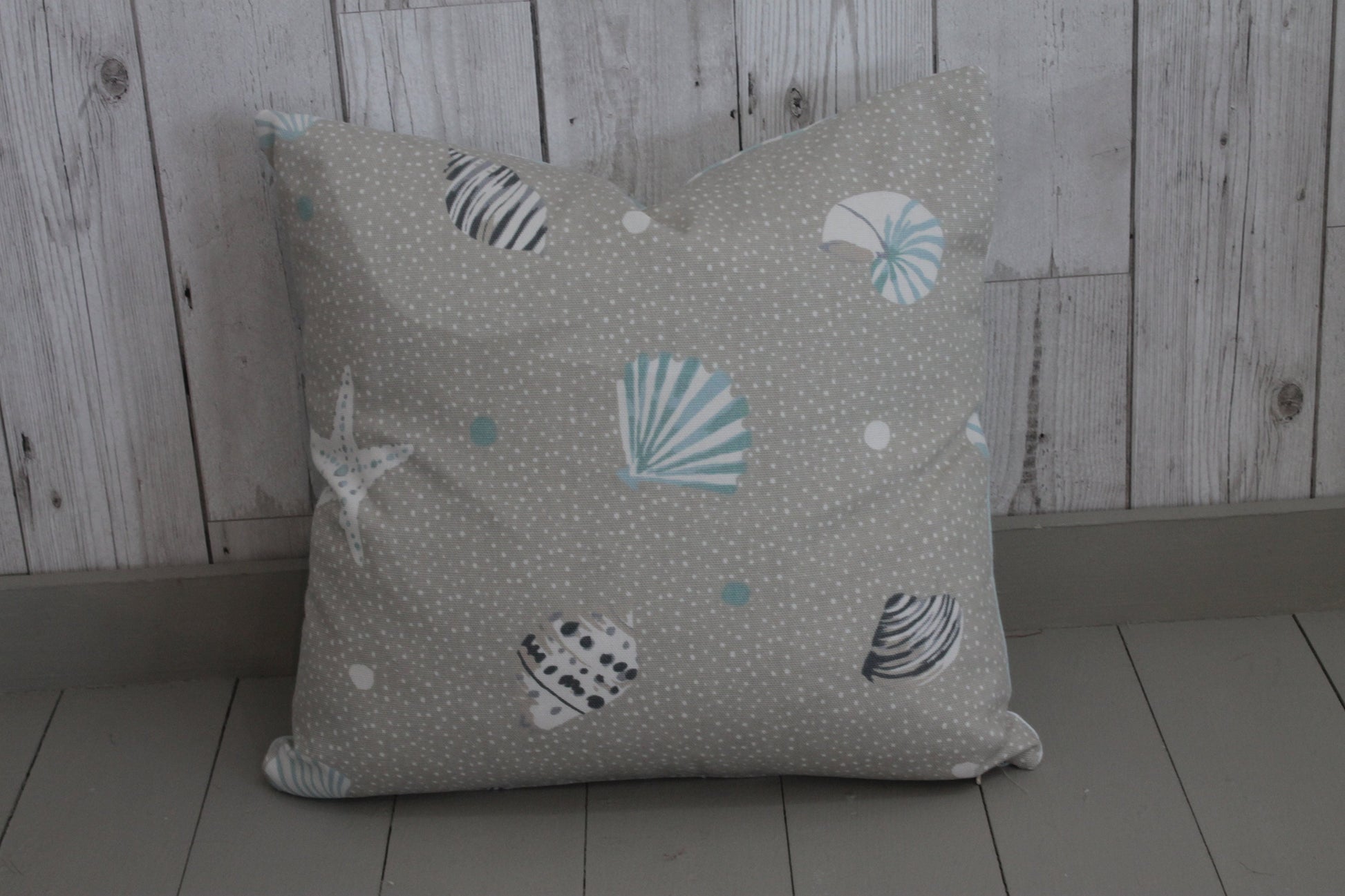 Puffin cushion - 14" Taupe Dotty and seashell - embroidered puffin pillow - puffin gift -Personalised Puffin pillow - bird cushion