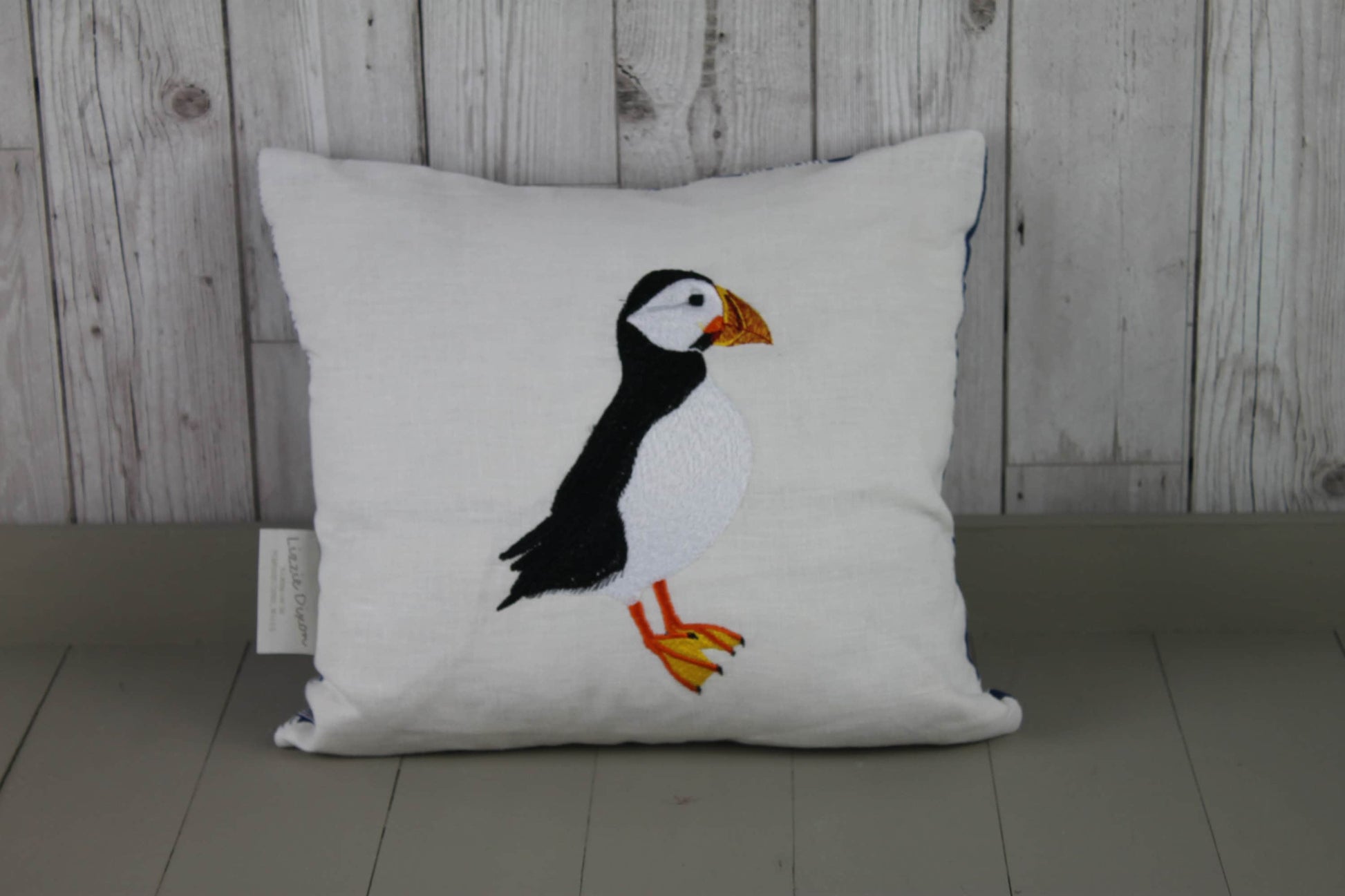 Puffin cushion -16" White Linen and Nautical cushion - embroidered puffin pillow - puffin gift - Pembrokeshire puffin pillow - bird cushion