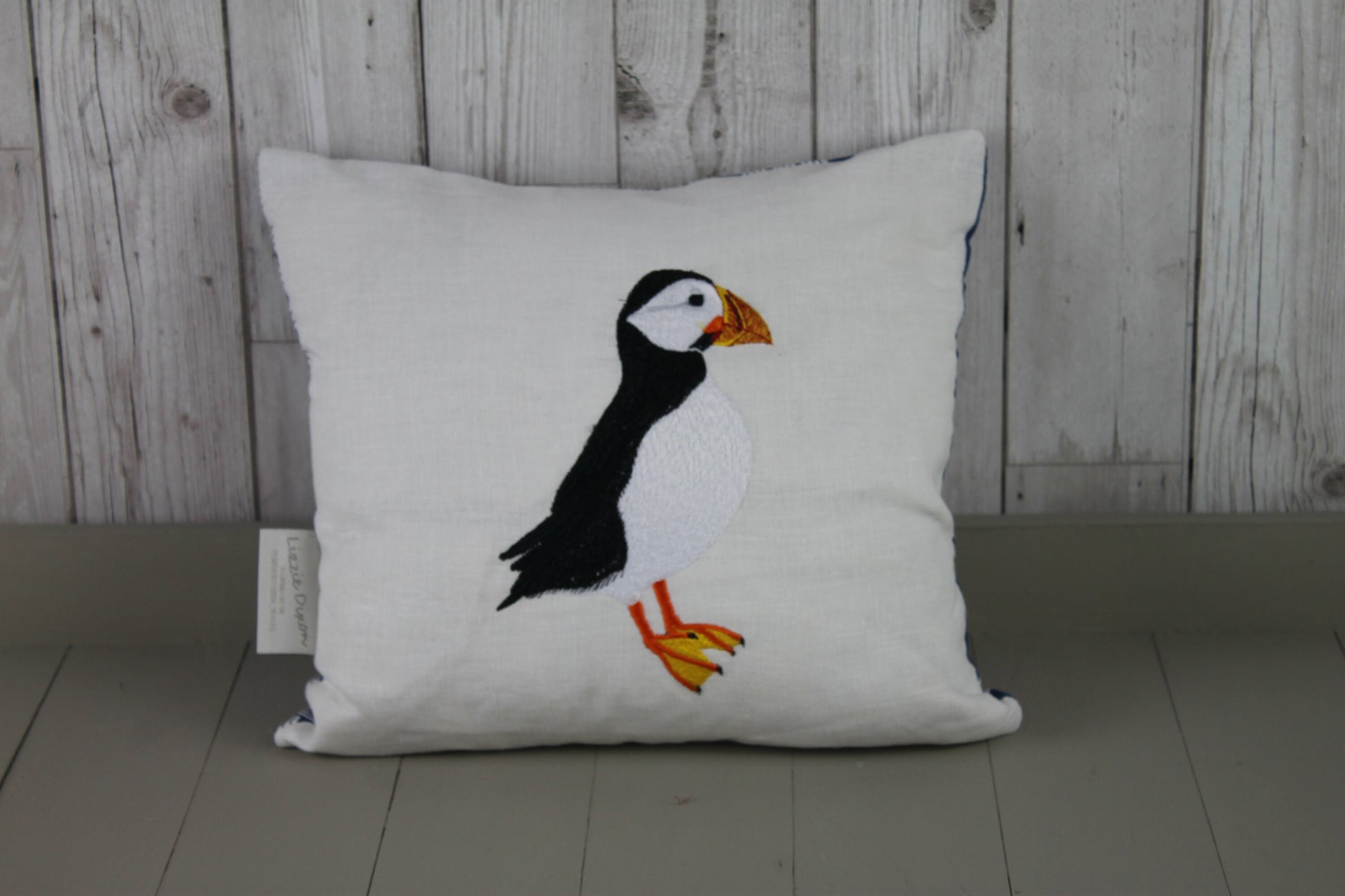 Puffin cushion -14" White Linen look and Nautical cushion embroidered puffin Cushion-bird cushion-