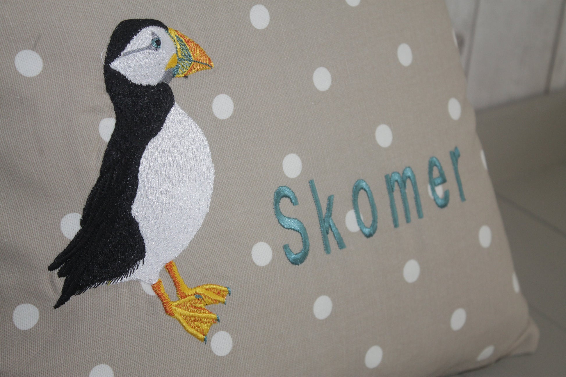 Puffin cushion - 14" Taupe Dotty and seashell - embroidered puffin pillow - puffin gift -Personalised Puffin pillow - bird cushion