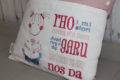 Book Cushion-Welsh Children's Reading Pillow~Personalised Cushion with Pocket-Cute little Girl reading Pillow~Welsh saying