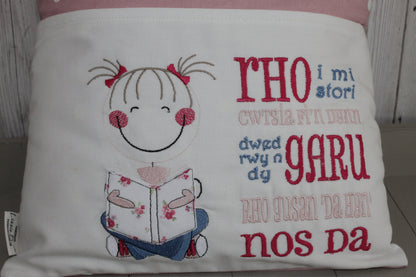 Book Cushion-Welsh Children's Reading Pillow~Personalised Cushion with Pocket-Cute little Girl reading Pillow~Welsh saying