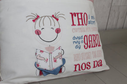 Book Cushion-Welsh Children's Reading Pillow~Personalised Cushion with Pocket-Cute little Girl reading Pillow~Welsh saying