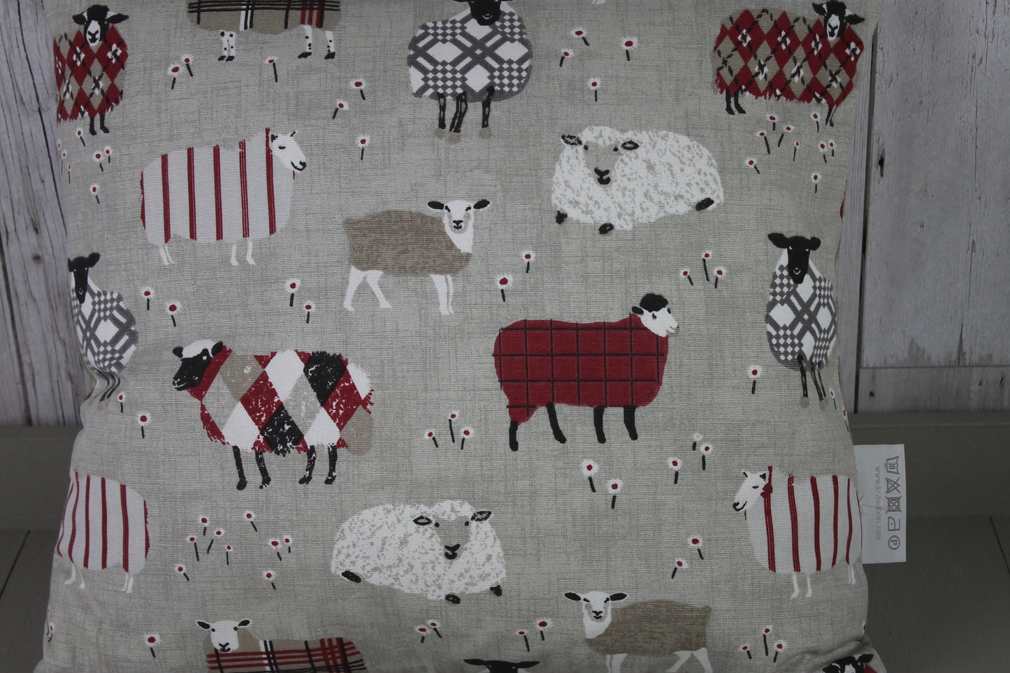 Sheep Wearing Jumpers - 20" x 12" Sofa Cushion-Sheep in woolly jumper in Red and Taupe- double sided cushion-cushion cover