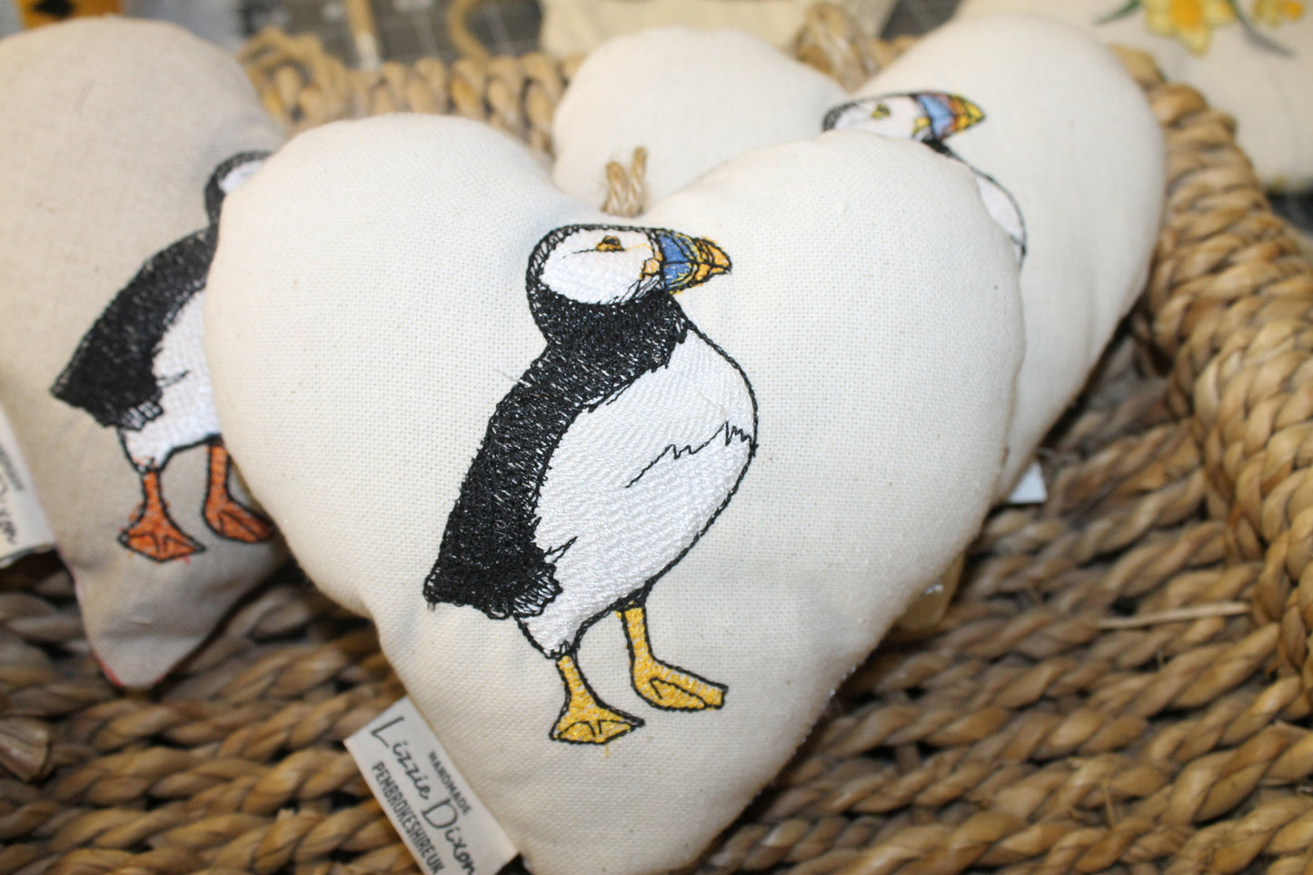 Puffin Hanging Heart-Cute Puffin fabric hanging heart. Lavender Fabric Heart