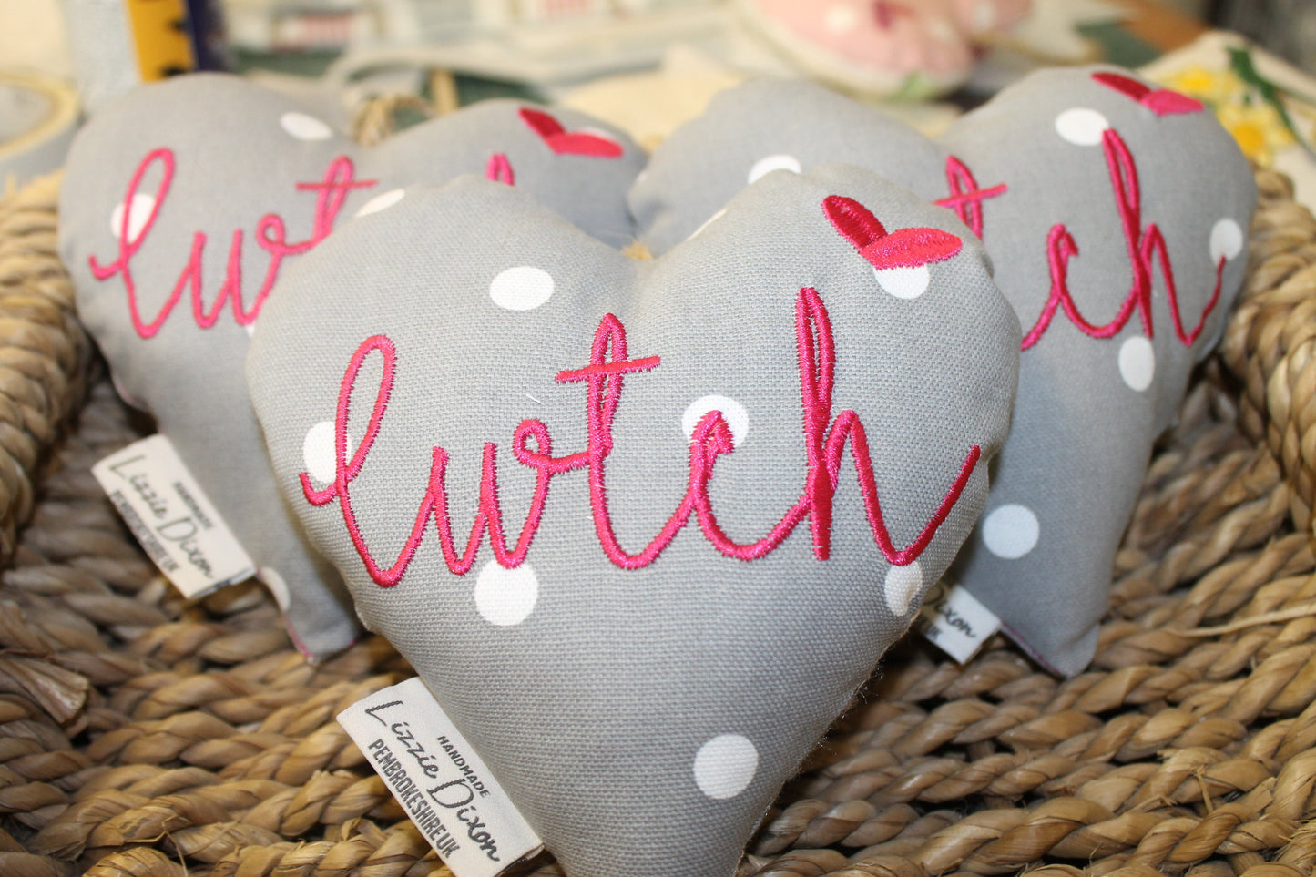 Cwtch Heart Grey and Bright Pink Hanging heart-Lavender hanging heart- Cwtch Bright Pink and Grey Dotty fabric Hanging Heart