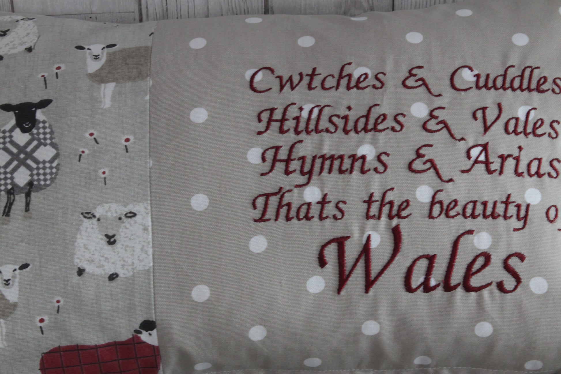 Sheep wearing jumpers-Cwtchs & Cuddles Reds and Taupe woolly sheep jumper cushion- 20x12" Cushion-Decorative cushion -Throw cushion