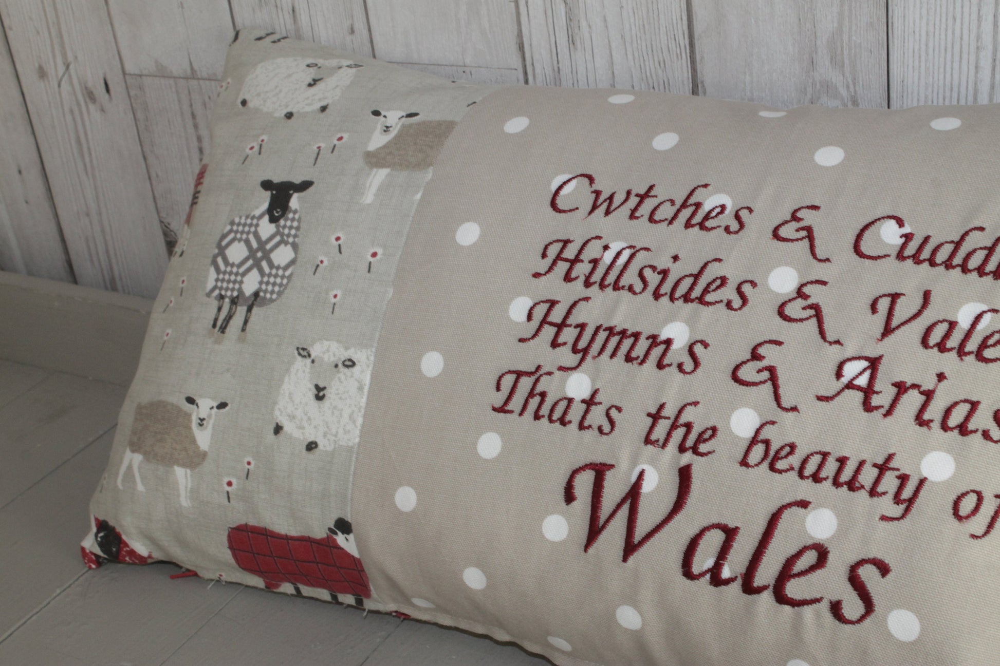 Sheep wearing jumpers-Cwtchs & Cuddles Reds and Taupe woolly sheep jumper cushion- 20x12" Cushion-Decorative cushion -Throw cushion