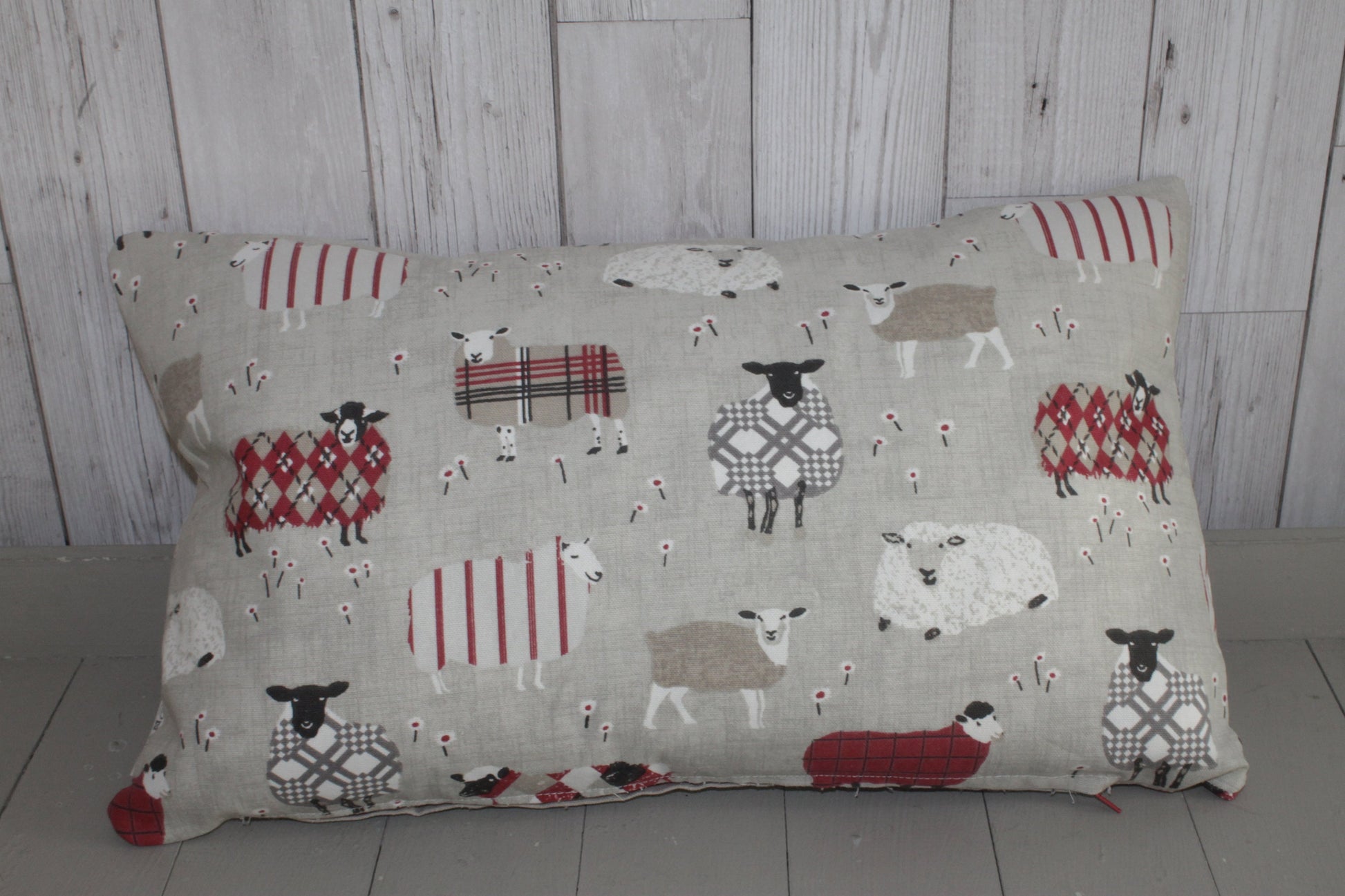 Sheep wearing jumpers-Cwtchs & Cuddles Reds and Taupe woolly sheep jumper cushion- 20x12" Cushion-Decorative cushion -Throw cushion