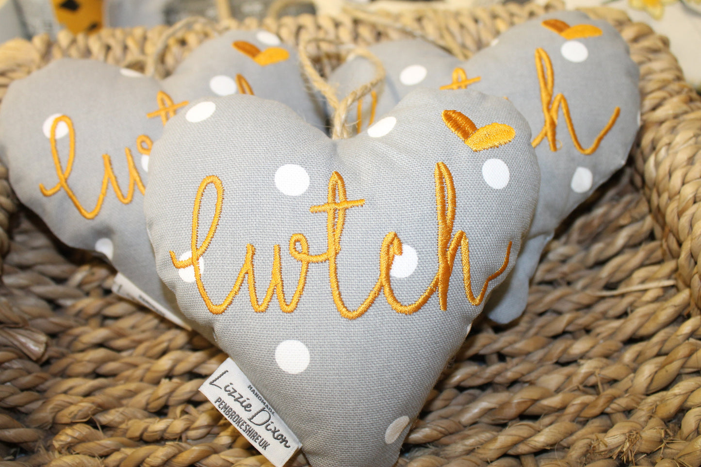 Cwtch Grey and Mustard Hanging heart-Lavender hanging heart- Cwtch Mustard and Grey Dotty fabric Hanging Heart