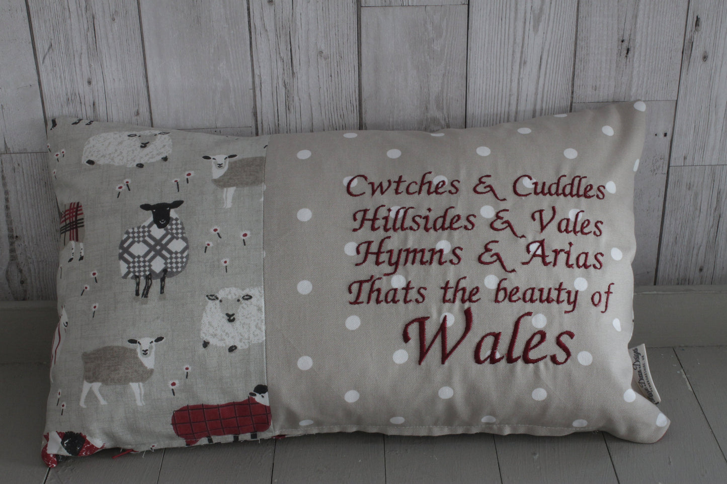 Sheep wearing jumpers-Cwtchs & Cuddles Reds and Taupe woolly sheep jumper cushion- 20x12" Cushion-Decorative cushion -Throw cushion