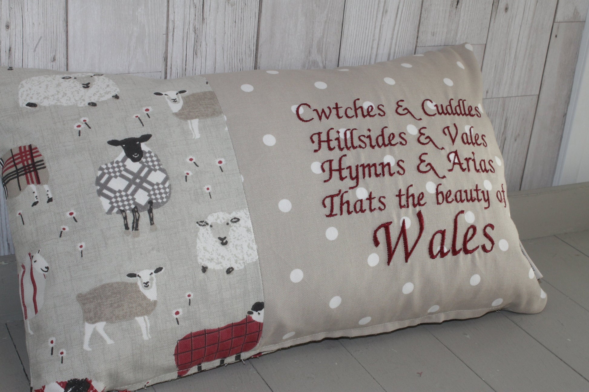 Sheep wearing jumpers-Cwtchs & Cuddles Reds and Taupe woolly sheep jumper cushion- 20x12" Cushion-Decorative cushion -Throw cushion