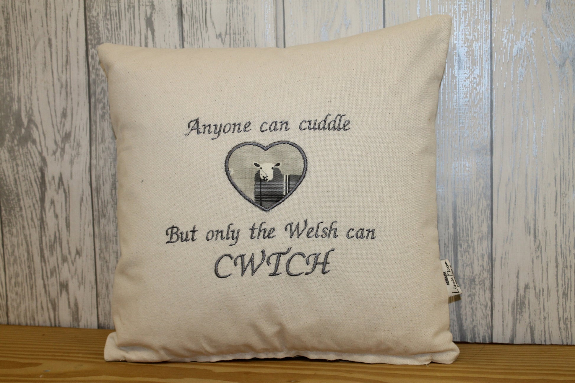 Sheep in woolly jumpers -16" cushion cover Any one can Cuddle but only the Welsh can Cwtch Cushion-Handmade welsh gifts-Grey and Cream