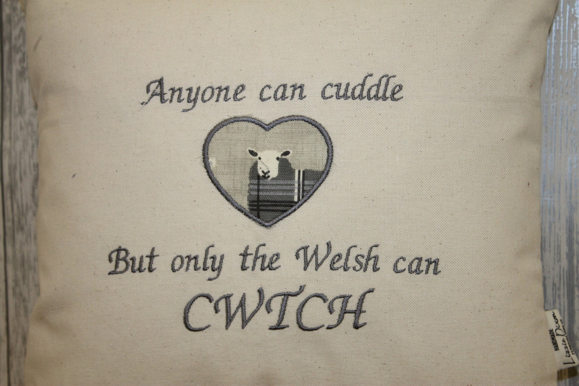 Sheep in woolly jumpers -16" cushion cover Any one can Cuddle but only the Welsh can Cwtch Cushion-Handmade welsh gifts-Grey and Cream