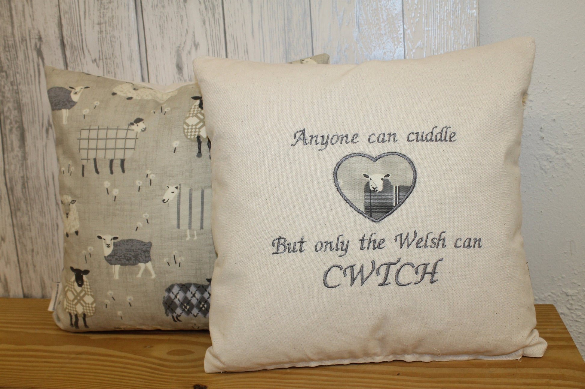 Sheep in woolly jumpers -16" cushion cover Any one can Cuddle but only the Welsh can Cwtch Cushion-Handmade welsh gifts-Grey and Cream