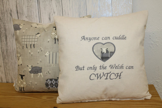 Sheep in woolly jumpers -16" cushion cover Any one can Cuddle but only the Welsh can Cwtch Cushion-Handmade welsh gifts-Grey and Cream