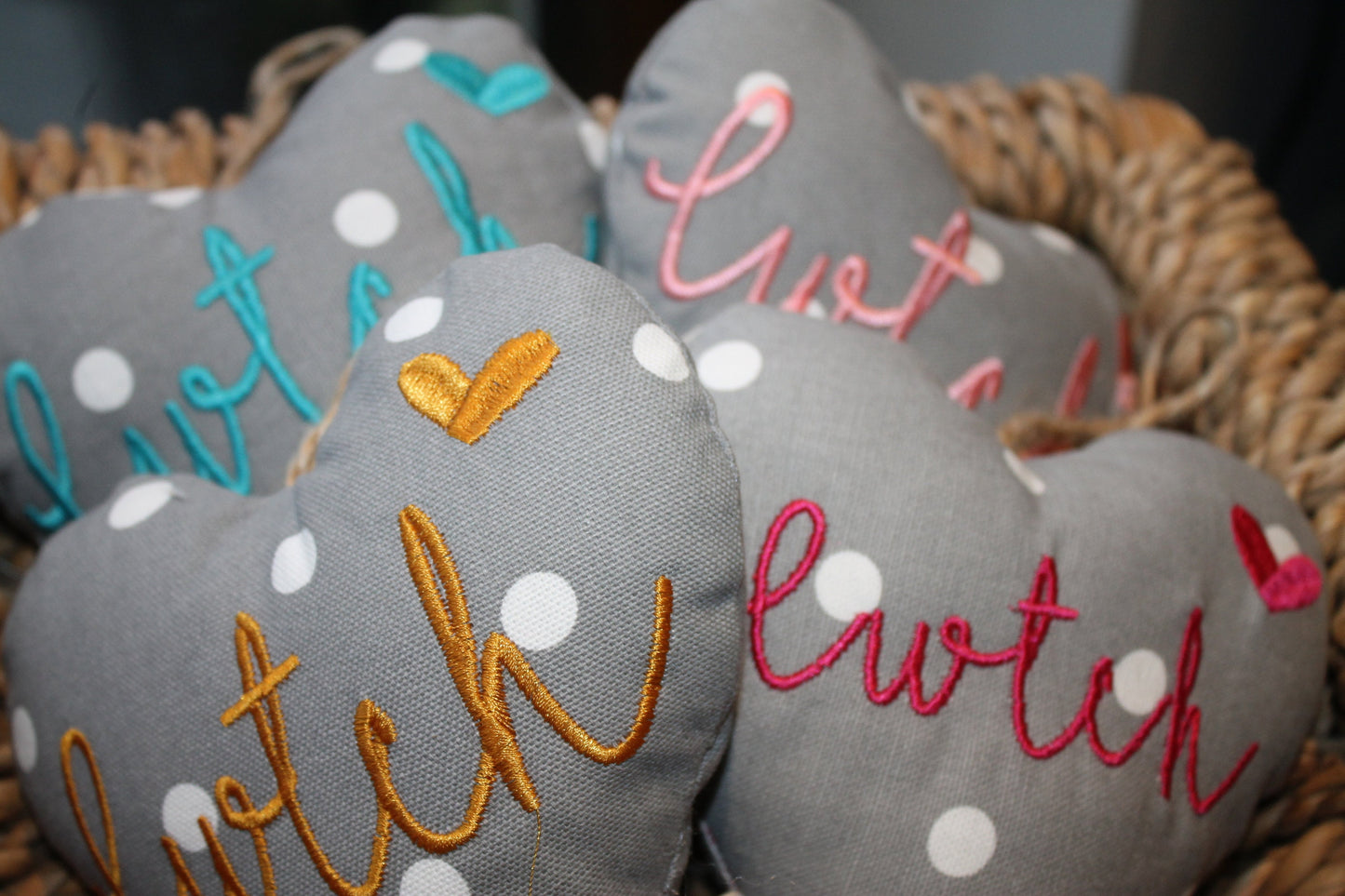 Cwtch Heart Blush and Grey Hanging Heart-Lavender hanging heart- Cwtch Blush and Grey Dotty fabric Hanging Heart