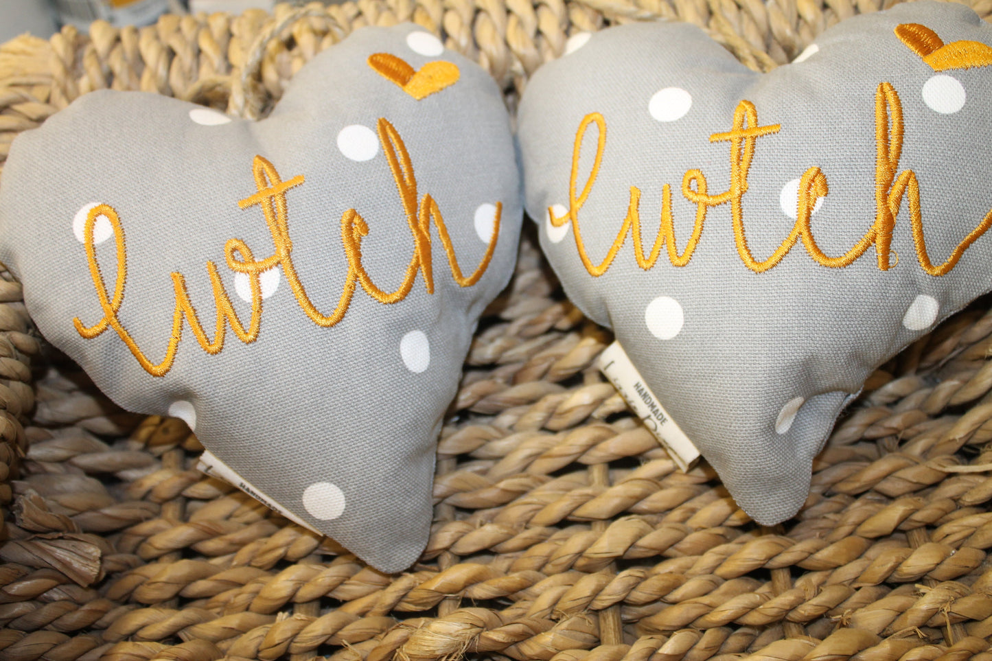 Cwtch Grey and Mustard Hanging heart-Lavender hanging heart- Cwtch Mustard and Grey Dotty fabric Hanging Heart