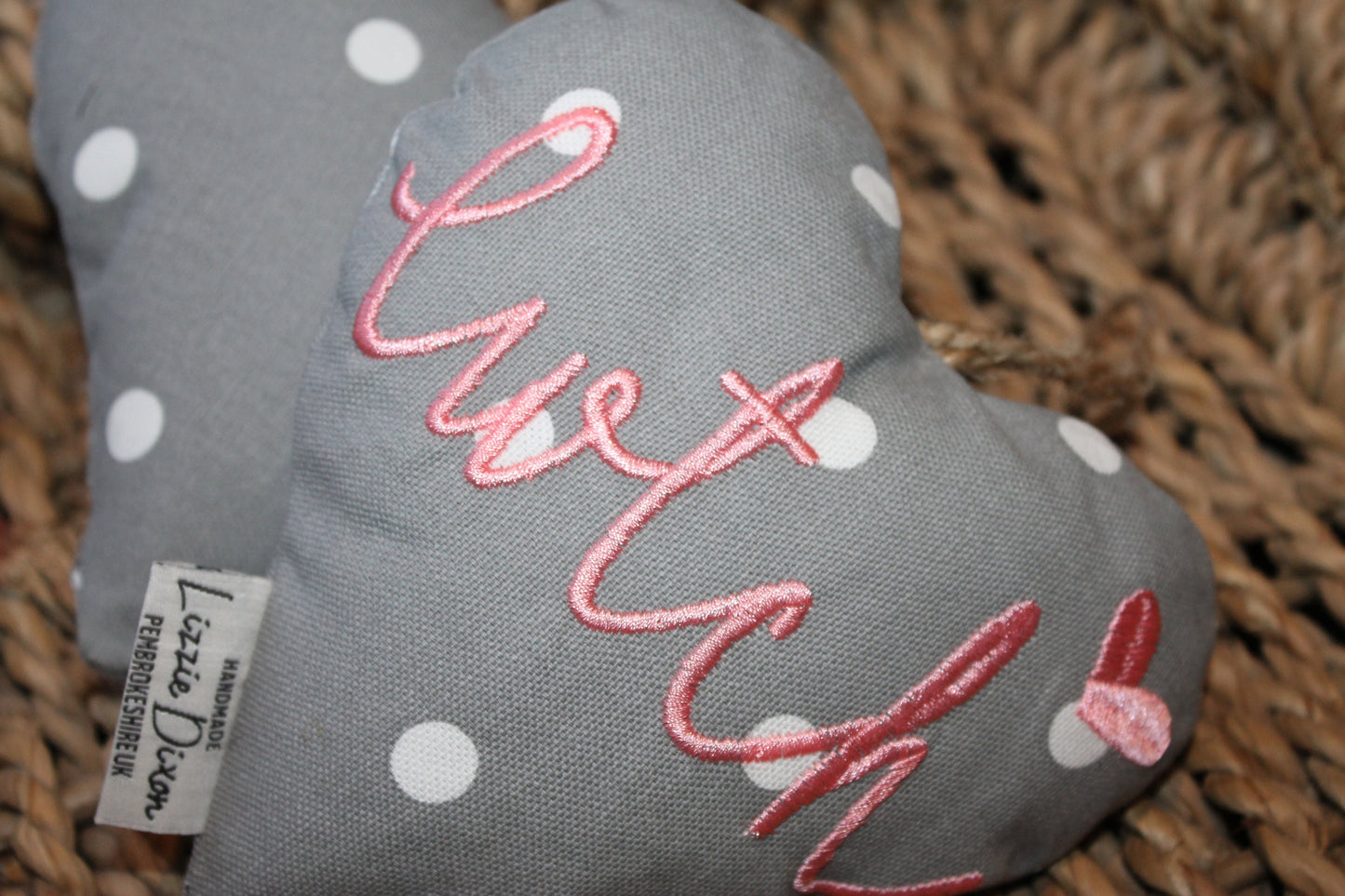 Cwtch Heart Blush and Grey Hanging Heart-Lavender hanging heart- Cwtch Blush and Grey Dotty fabric Hanging Heart