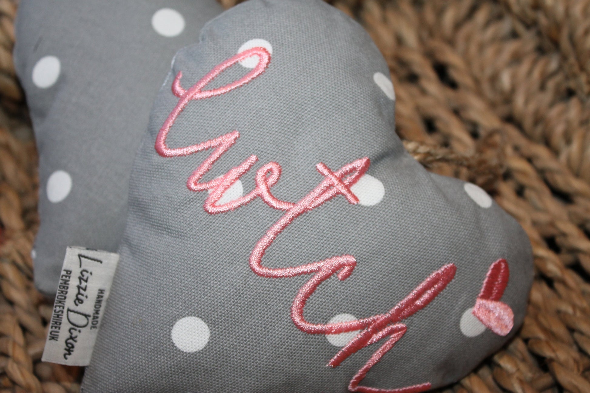 Cwtch Heart Blush and Grey Hanging Heart-Lavender hanging heart- Cwtch Blush and Grey Dotty fabric Hanging Heart