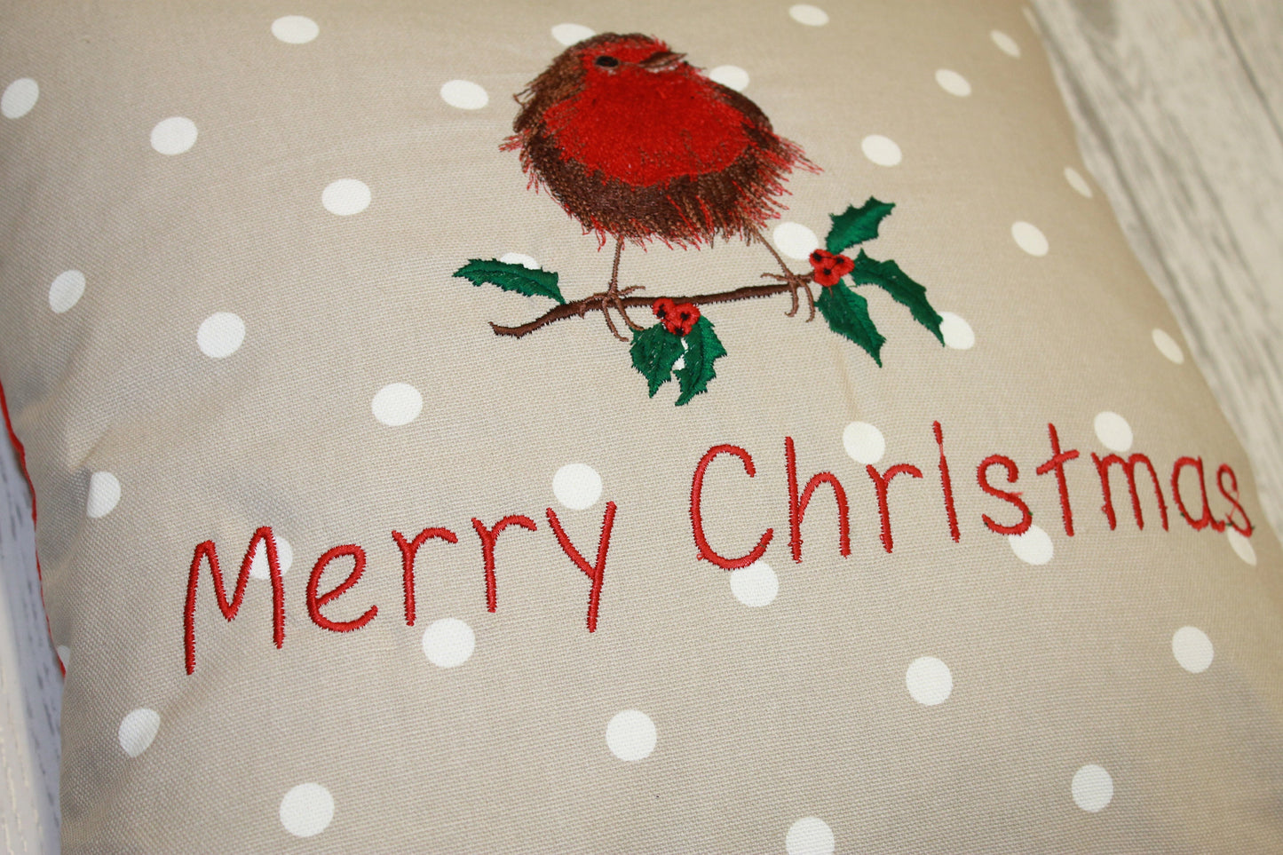 16"Christmas Robin Cushion - 16 " Merry Christmas - Welsh Christmas Cushion -decorative pillow with embroidered fluffy Robin