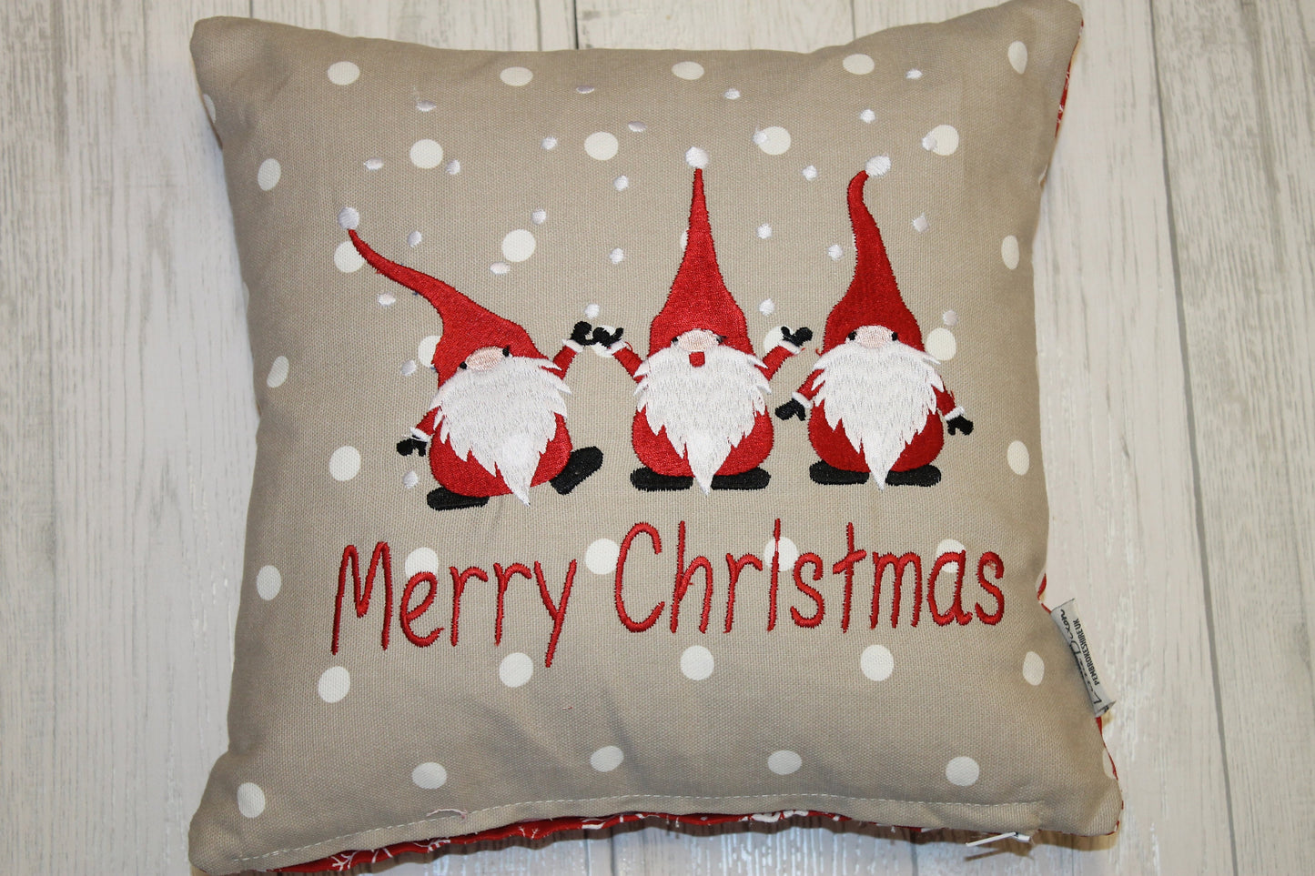 Merry Christmas 14” Gnomes Cushion, Red and Taupe Star Festive Cushion-Festive Gnomes- Christmas Gnomes-