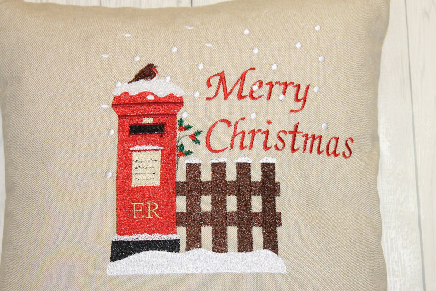 16” Christmas Cushion.Letters to Santa Cushion snowy postbox and robin nostalgic Xmas scene handmade Christmas cushion