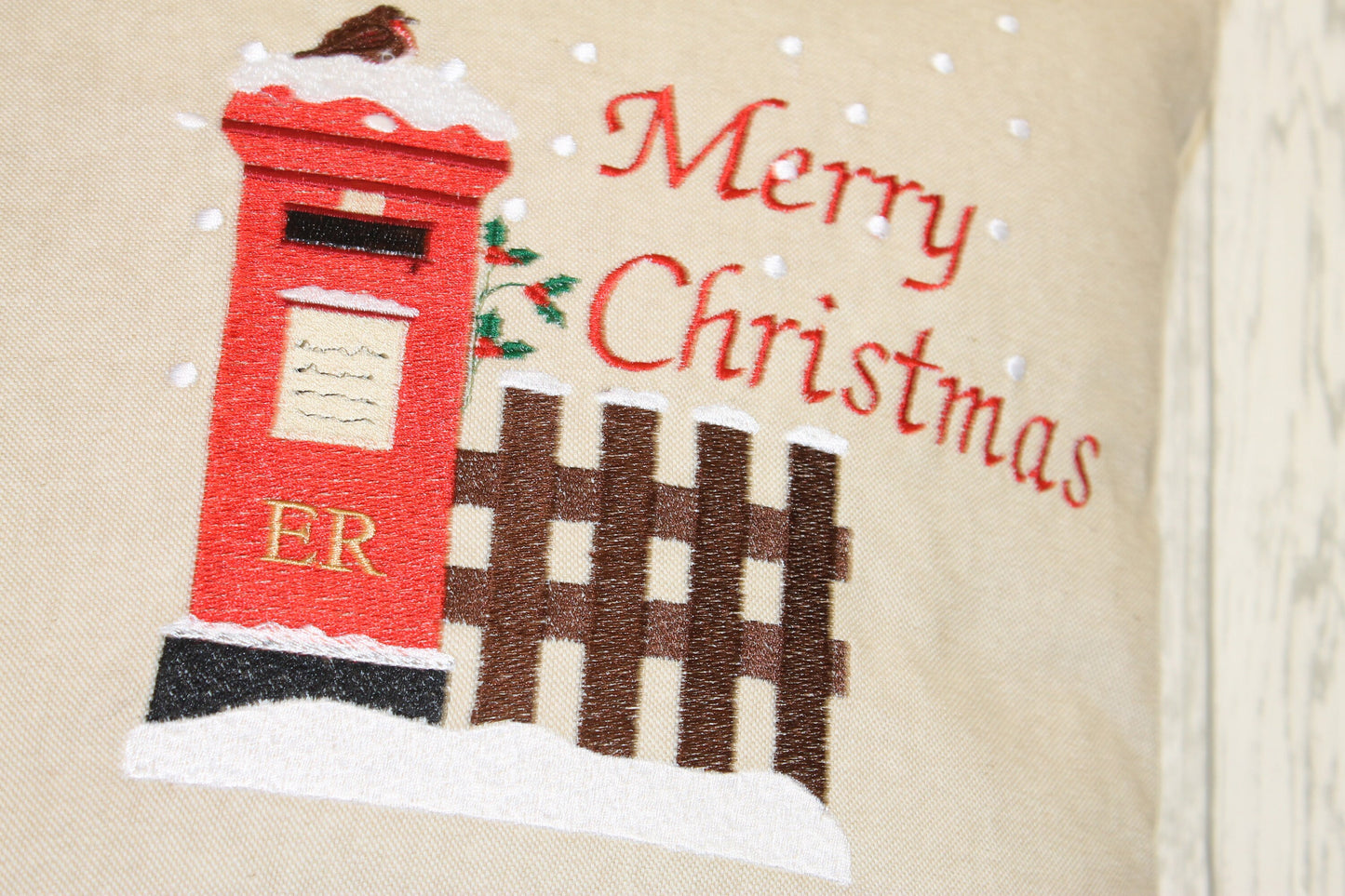 16” Christmas Cushion.Letters to Santa Cushion snowy postbox and robin nostalgic Xmas scene handmade Christmas cushion