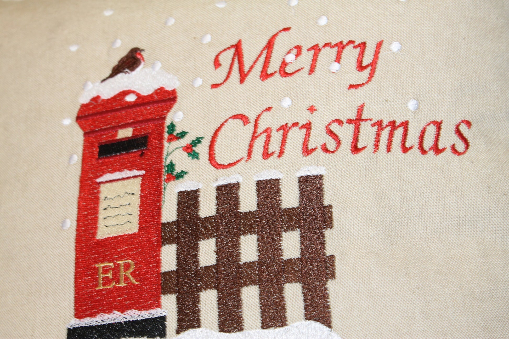 16” Christmas Cushion.Letters to Santa Cushion snowy postbox and robin nostalgic Xmas scene handmade Christmas cushion